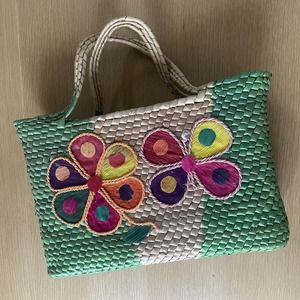 Mexico Palm Bright Floral Basket Weave Wicker Purse Bag